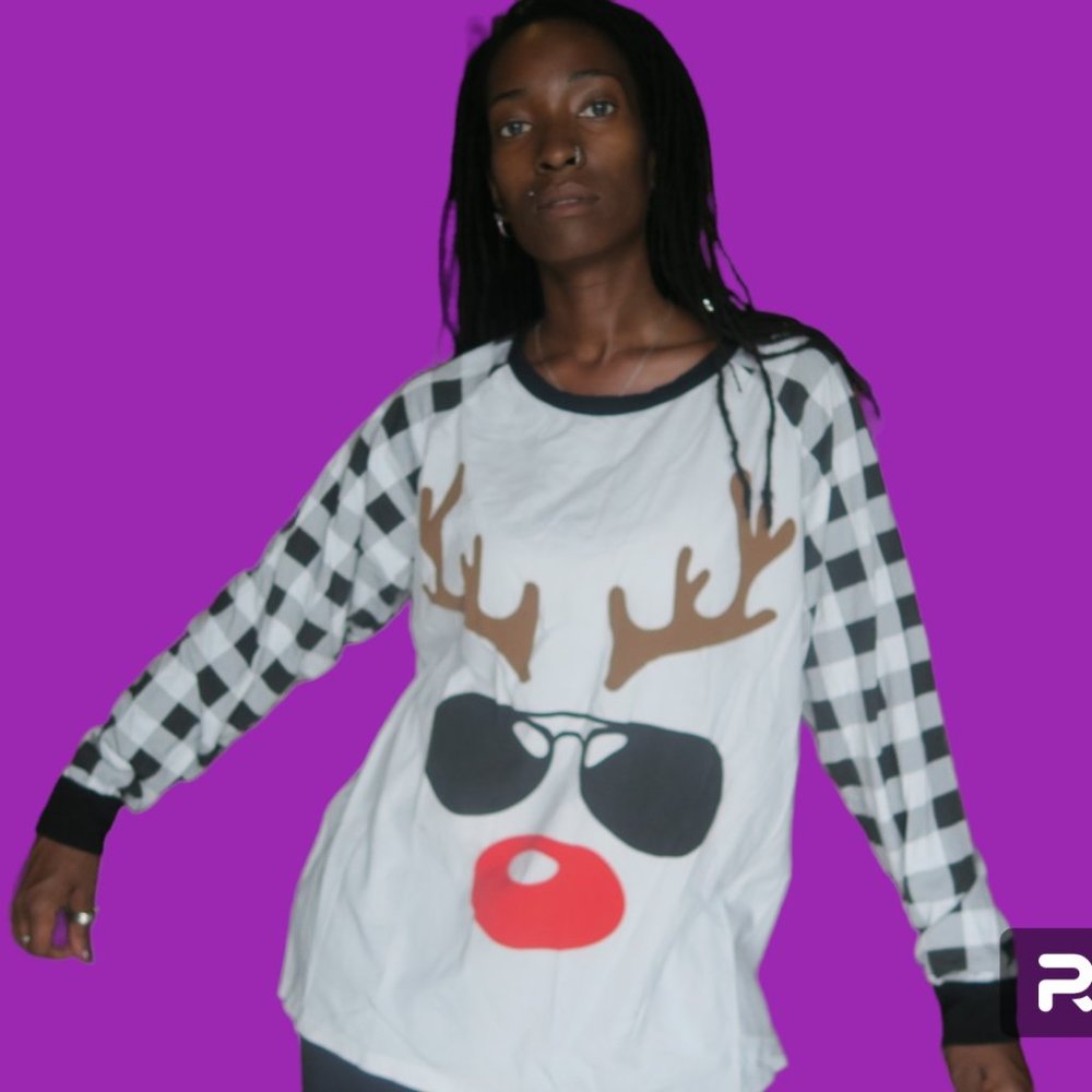 Dolphin & Fish sunglasses reindeer holiday pj top plaid in white black red large